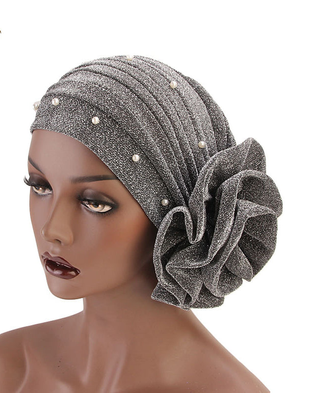 Pearl Pre Tied Flower Turban Hat Stylish Shimmering
