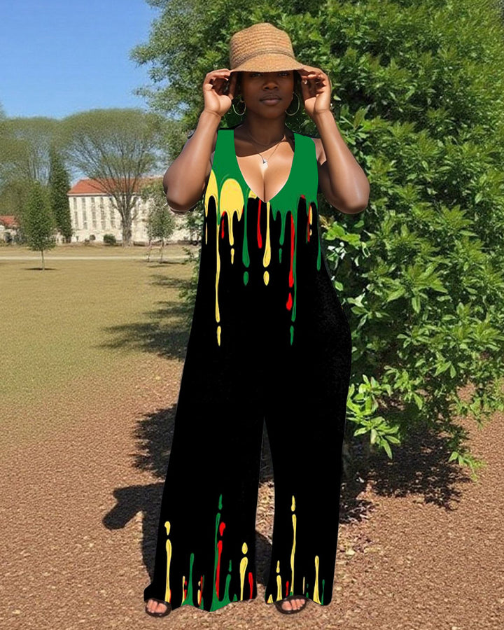 Juneteenth Prints V-Neck Hooded Sleeveless Jumpsuit