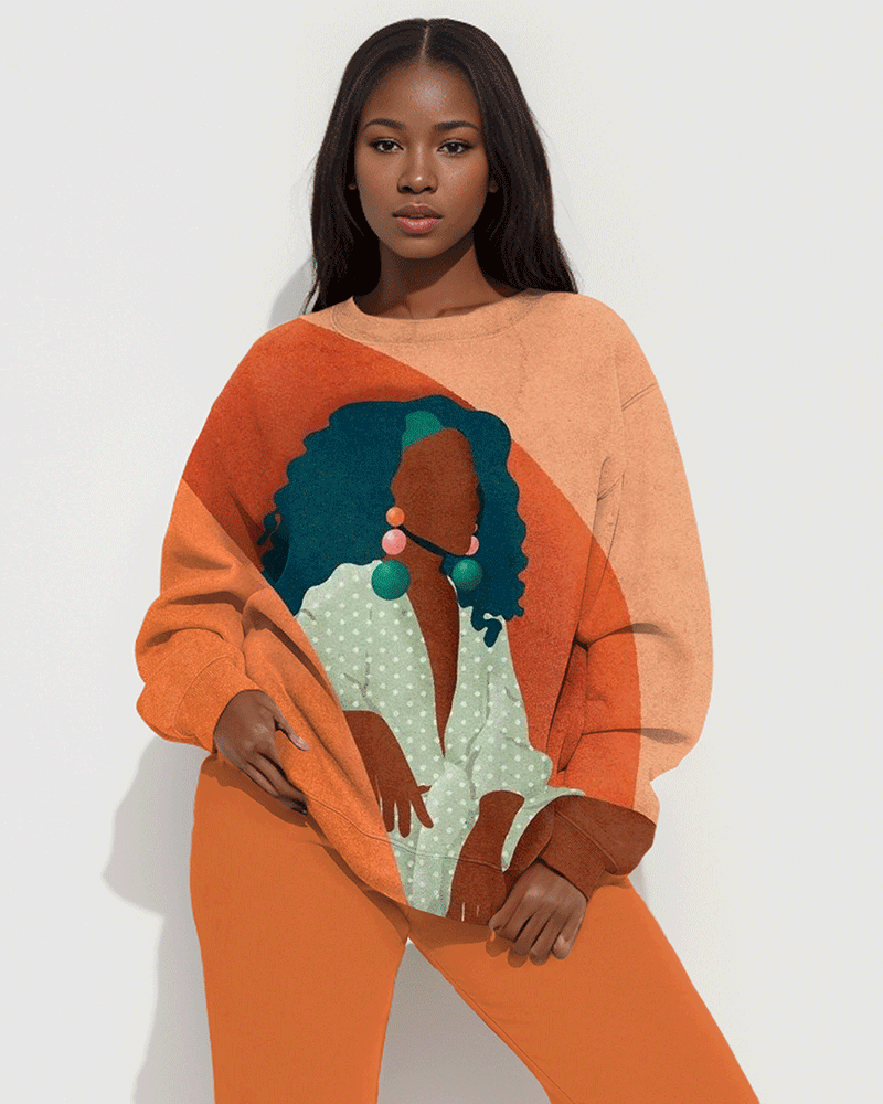 Brown Girl Colorful Print Long Sleeve Sweatshirt Two Pieces Set