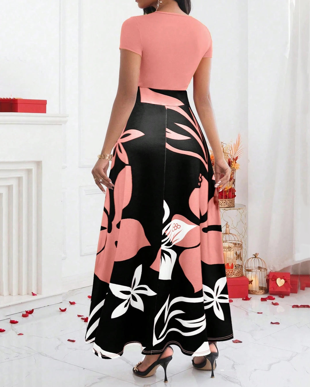 Flower and Leaf Art High-waisted Long Dress