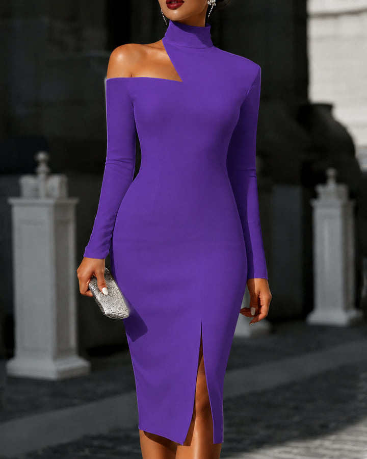 Off-the-shoulder High-neck Slim-fit Solid Color Dress Party Dress