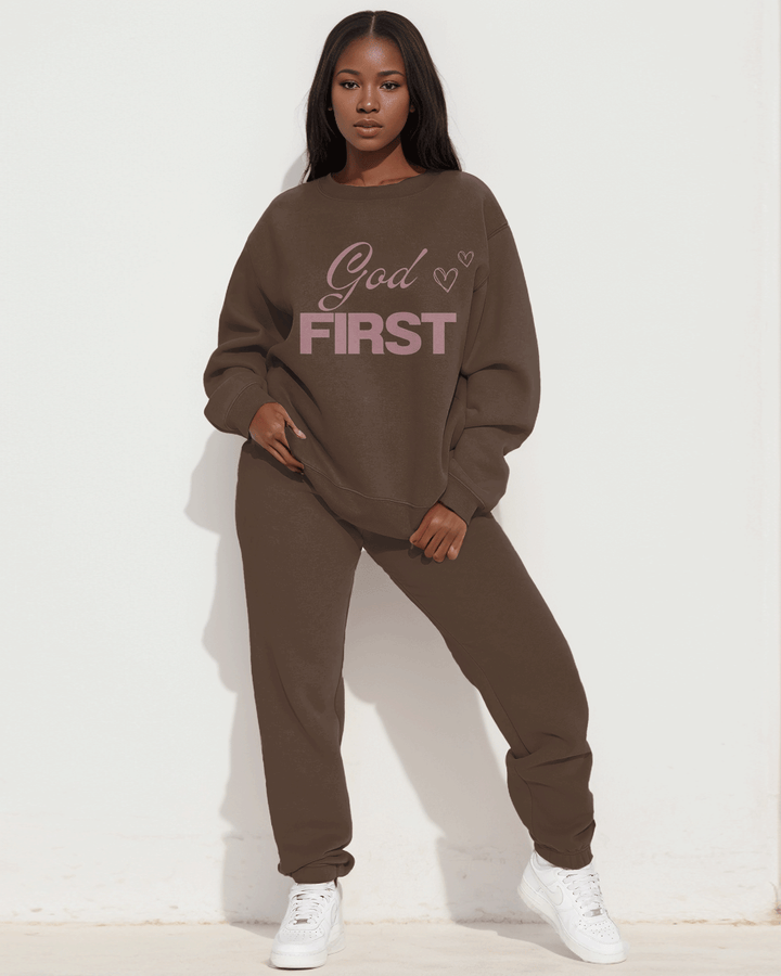 Colorblock God First Print Long Sleeve Sweatshirt Two Pieces Set