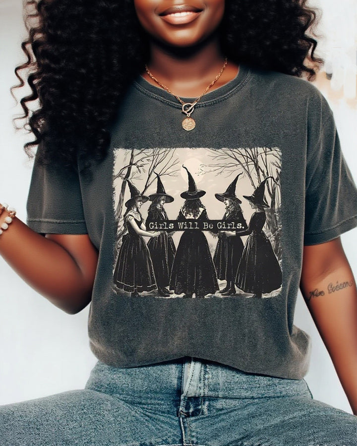 Halloween Girls Will Be Girls Witch 100% Cotton Crew Neck Short Sleeve Tshirt