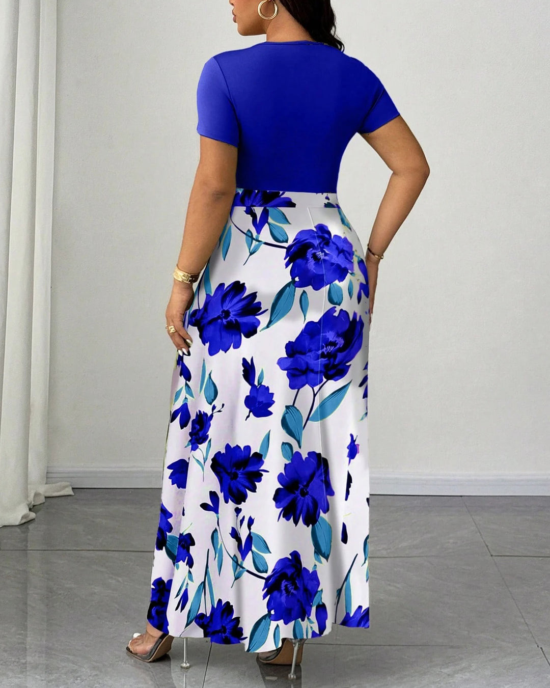 Blue Elegant Rose High-waisted Long Dress