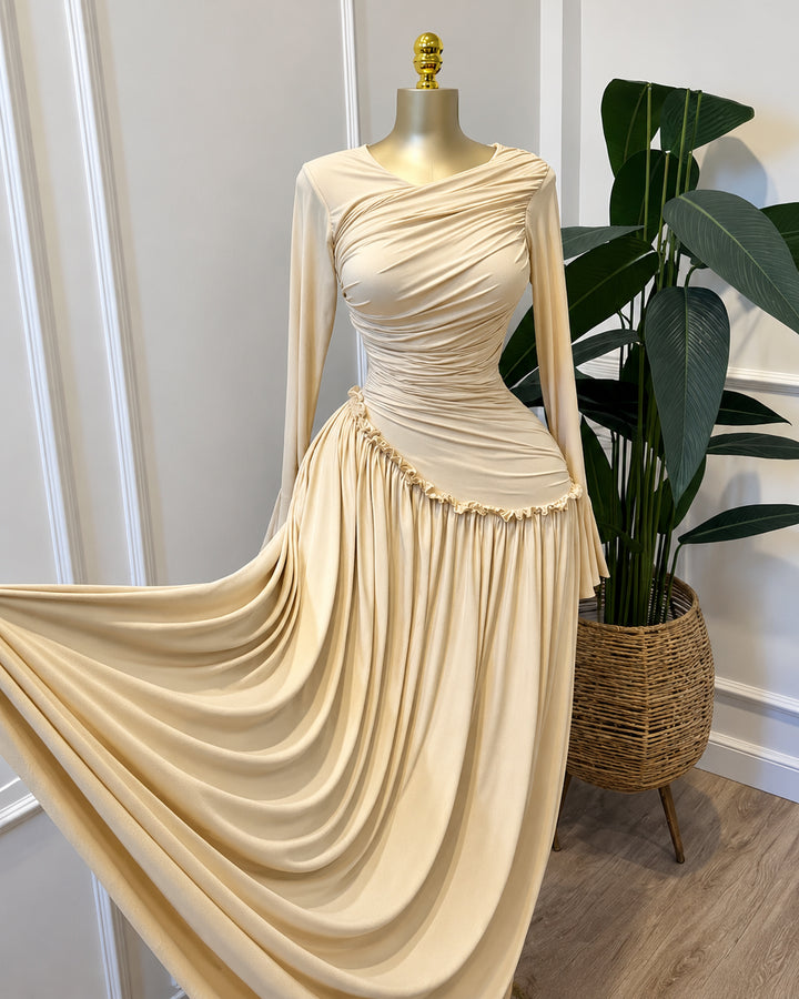 Women's Elegant Long Sleeve Flared Cuff Ruffled Hem Maxi Dress