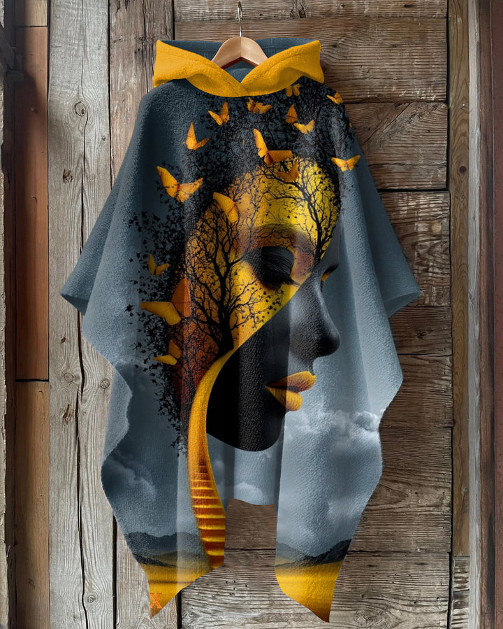 Butterfly Tree Girl Art Fleece Hooded Loose Cape