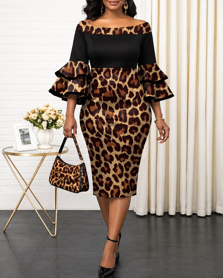 Women's Off Shoulder Leopard Print ouble Layer Bell 3/4 Sleeve Bodycon Midi Dress