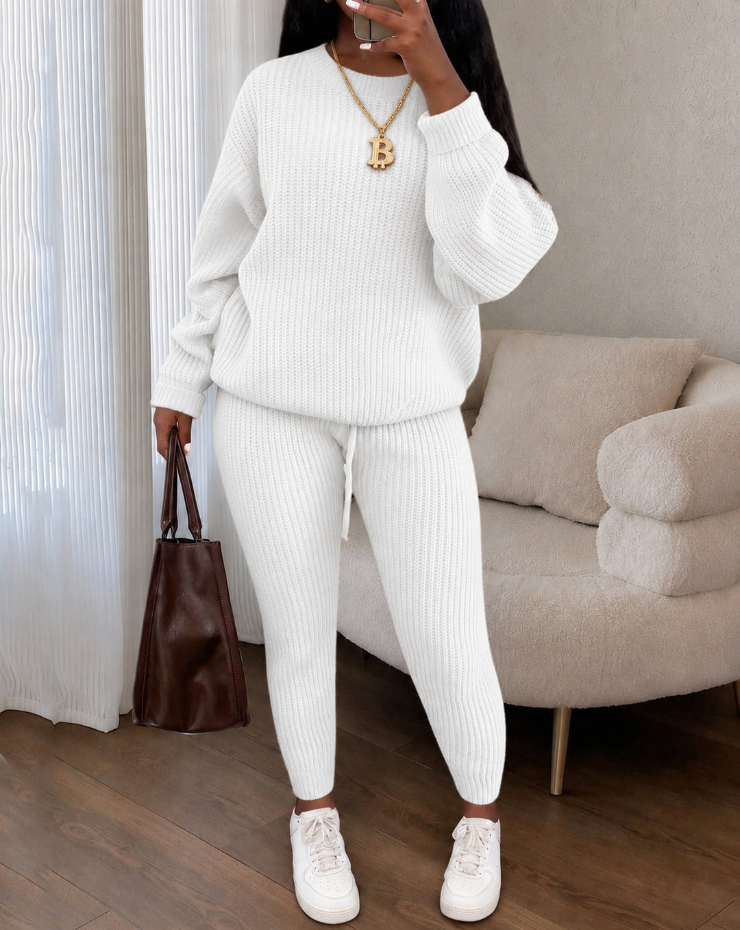 Women's Crew Neck Long Sleeve Oversized Ribbed Knit 2 Piece Outfit Set
