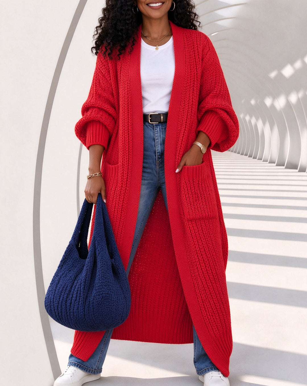 Women's Chunky Knit Open Front Oversized Lantern Sleeve Long Cardigan