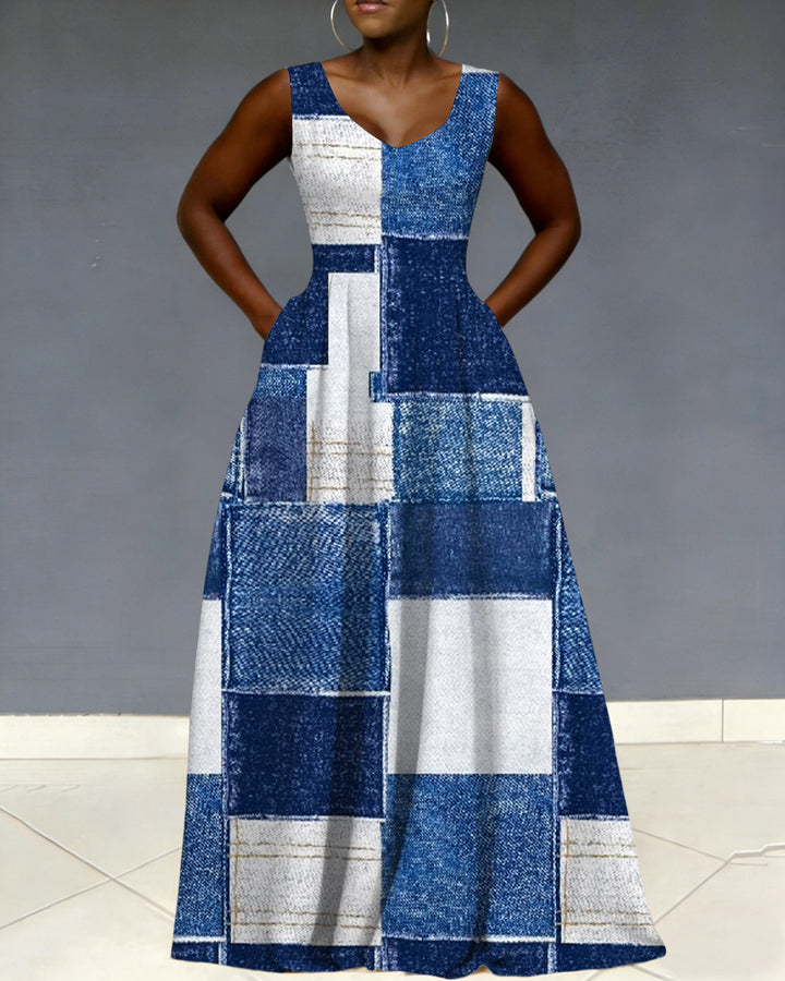 V Neck Denim Style Print Sleeveless Pocket Maxi Dress