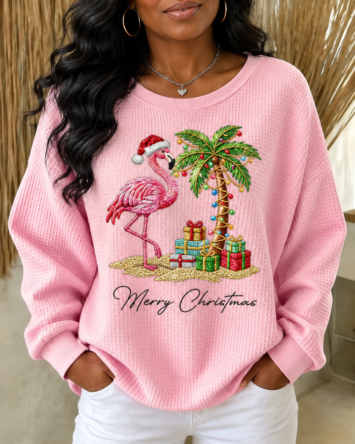 Christmas Flamingo and Palm Tree Waffle Weave Round Neck Sweatshirt
