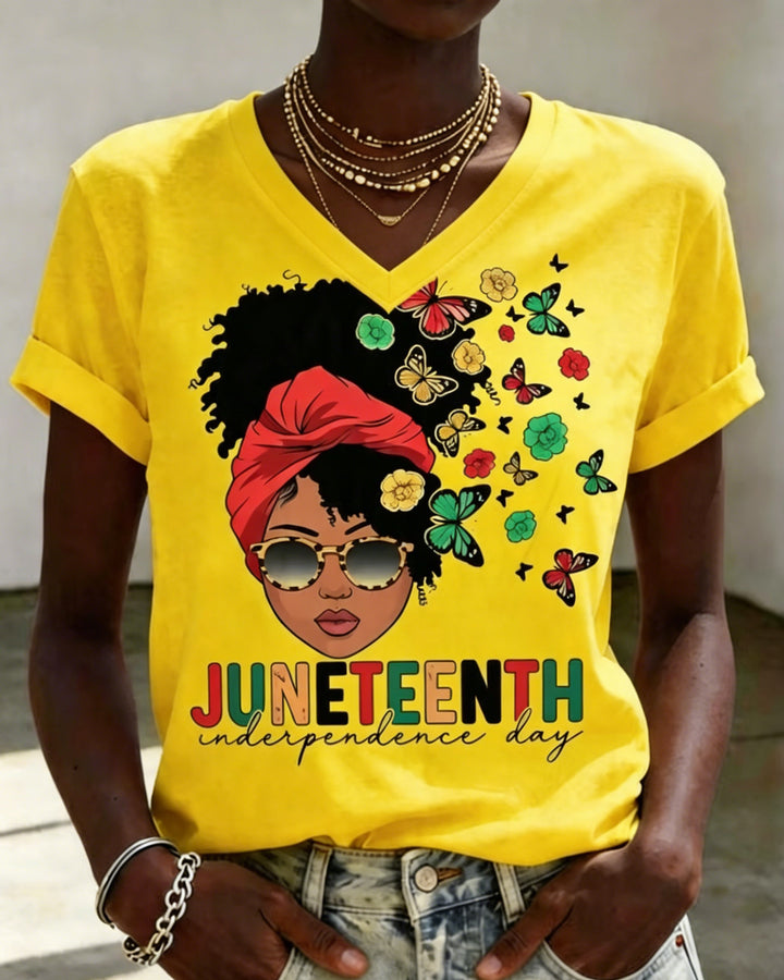 100% Cotton Juneteenth Afro Woman Butterfly Earrings V Neck Short Sleeve Tshirt