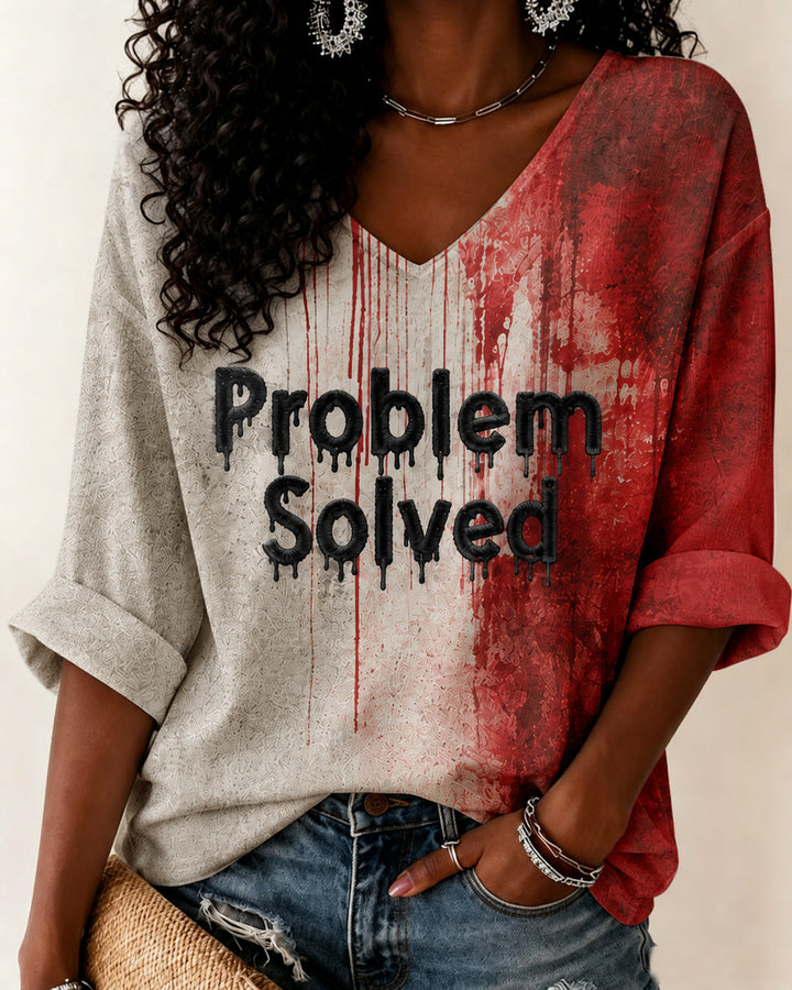 Blood Problem Solved Halloween Print V-neck Loose T-shirt
