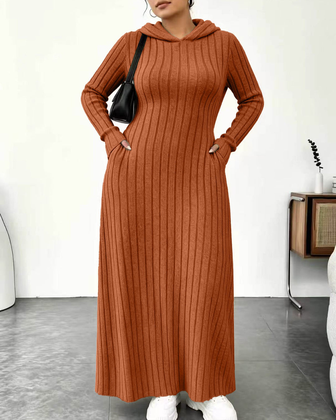 Plus Size Ribbed Hooded Pockets Maxi Dress
