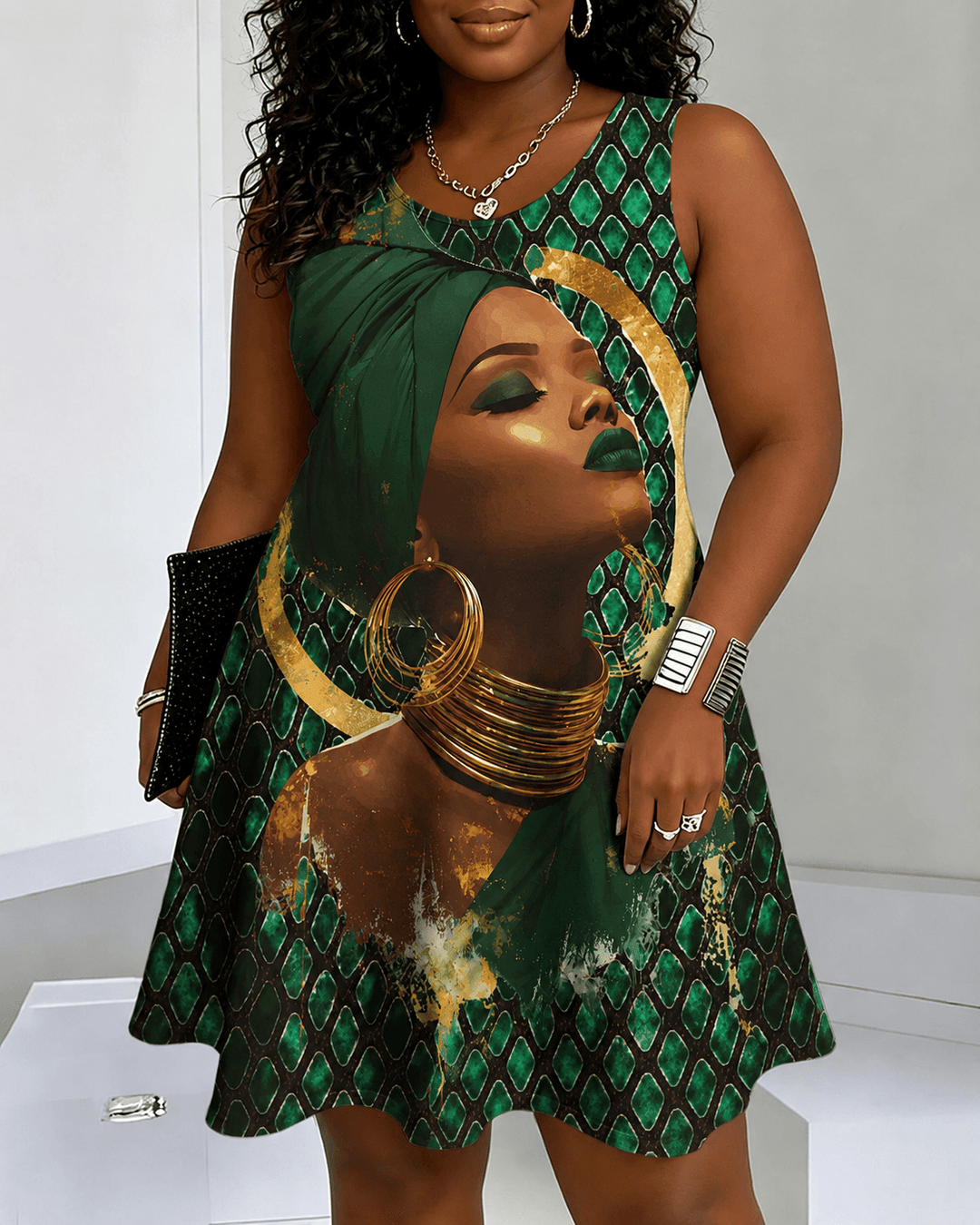 African Queen Portrait Round Neck Sleeveless Mini Casual Dress
