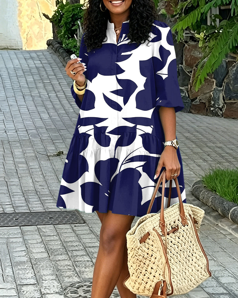 Stand Collar Floral Random Print  Mini Shirt Dress