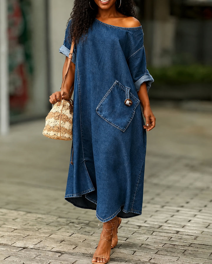 Round Neck Mid-Sleeve Casual Denim Dress with Pockets