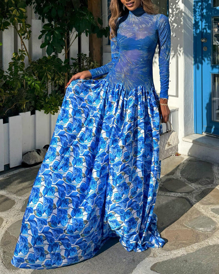 Women Marble Print Mock Neck Mesh & Satin Flowy Floor Length Party Dress