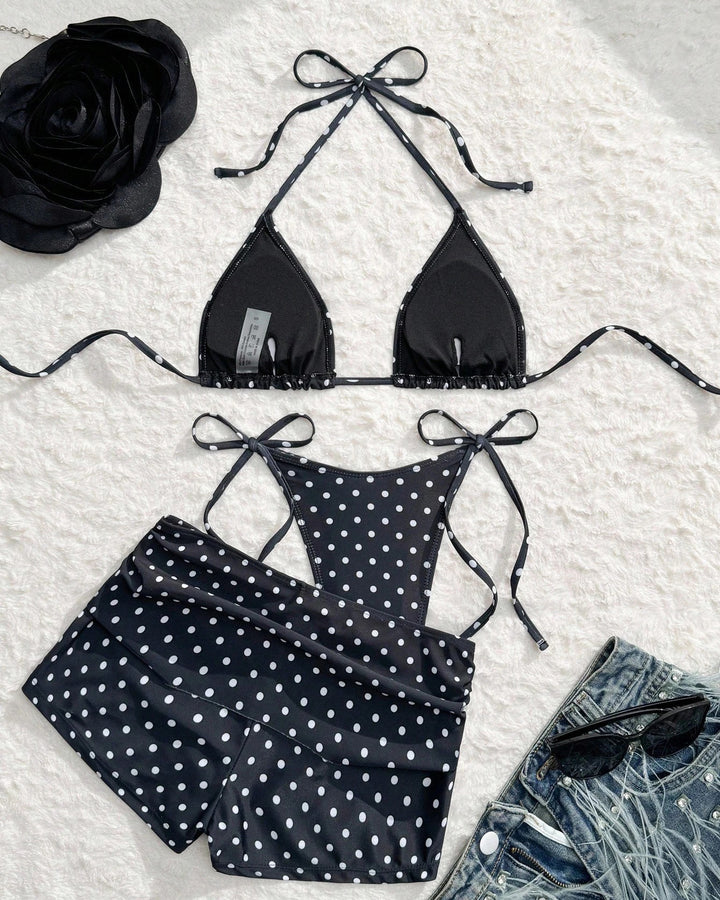 Polka Dot Halter Sexy Tie Detail 3-Piece Bikini Set