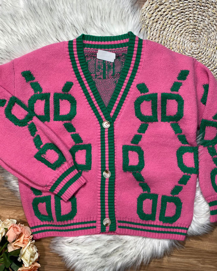 Women's V Neck Geometric Pattern Knit Cardigan