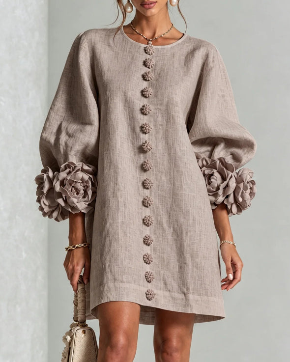 Linen Blend Flowers Button Down Floral Cuffs Half Sleeve Mini Dress
