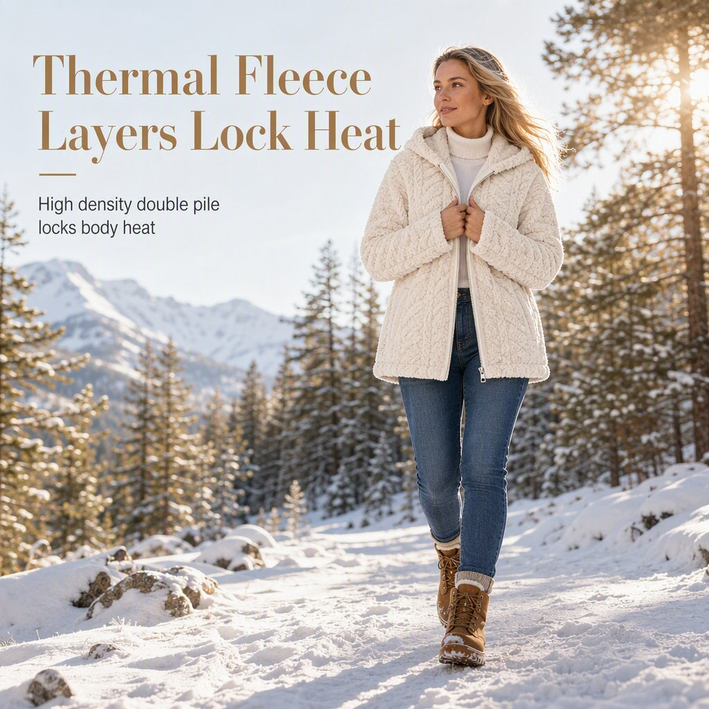 Women's Hooded Sherpa Fleece Full Zip Cable Textured Jacket