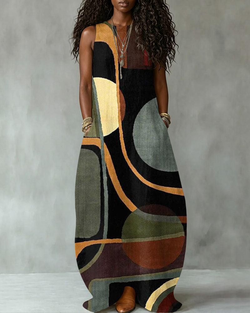 Abstract Geometric Polka Dot Stripes Print Sleeveless Maxi Dress
