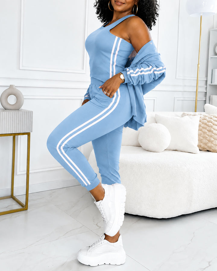Women's 3 Piece Outfit Set Striped Sleeve Bomber Jacket Cami Top & Drawstring Jogger Pants Casual Tracksuit