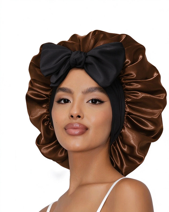 Women's Double Layer Satin Sleeping Bonnet, Adjustable Elastic Spandex Band with Tie Closure