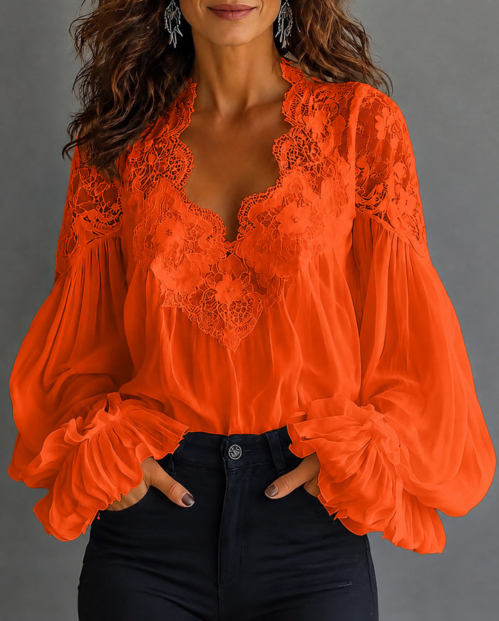 U-neck Puff Sleeve Pleated Lace-trimmed Blouses