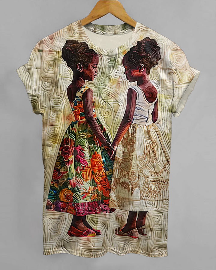 Sisterly Ties Portrait Print Crew Neck Short Sleeve T-Shirt