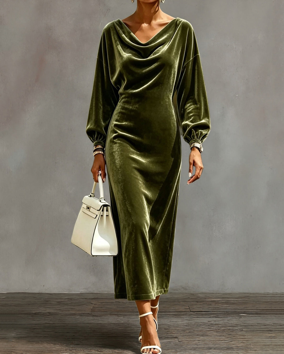 Cowl Neck Batwing Long Sleeve Velvet Midi Dress