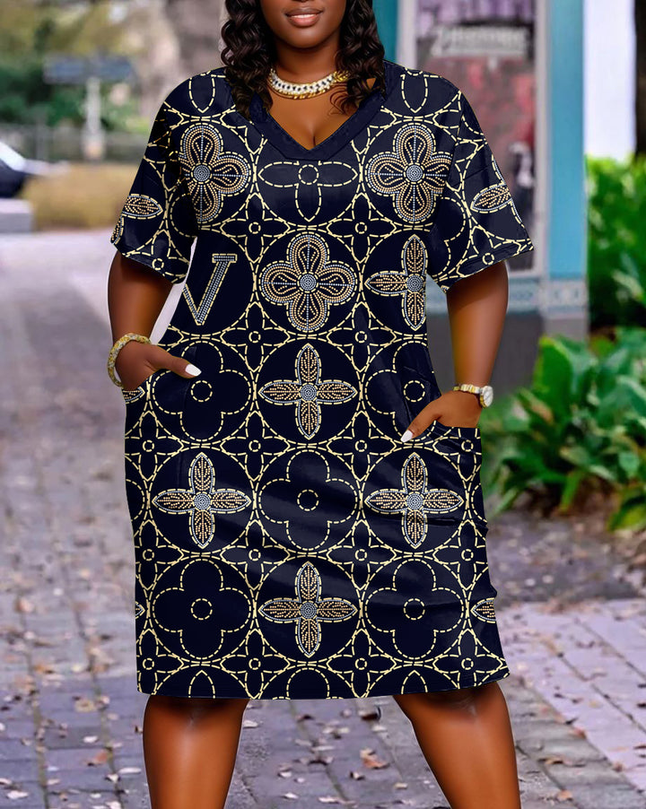 Geometric Flower Patchwork Casual V-neck Pocket Dress