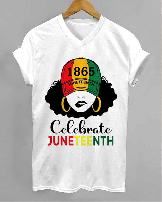 Celebrate Juneteenth 100% Cotton V-neck Short Sleeve Tshirt