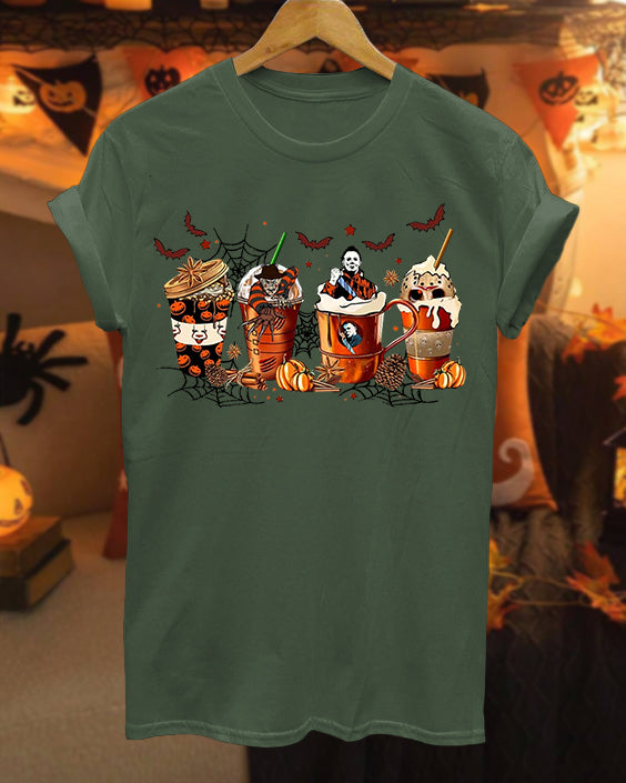 Halloween Skeleton Coffee Cups 100% Cotton Crew Neck Short Sleeve Tshirt