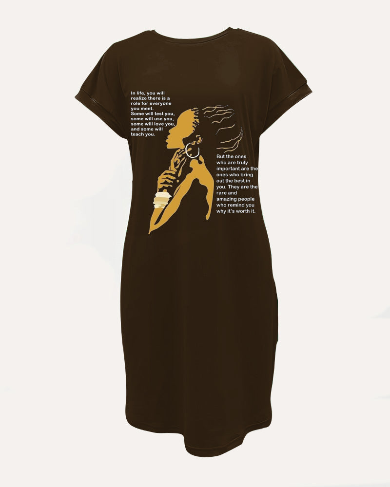 Crewneck Raglan-Sleeve Pocket Dress with Cartoon and Letter Prints