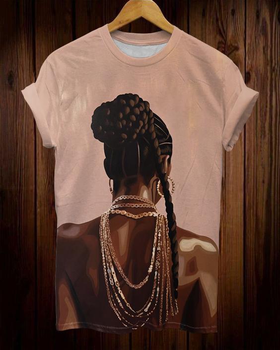 Long Braid Gold Necklace Women Short Sleeve Tshirt