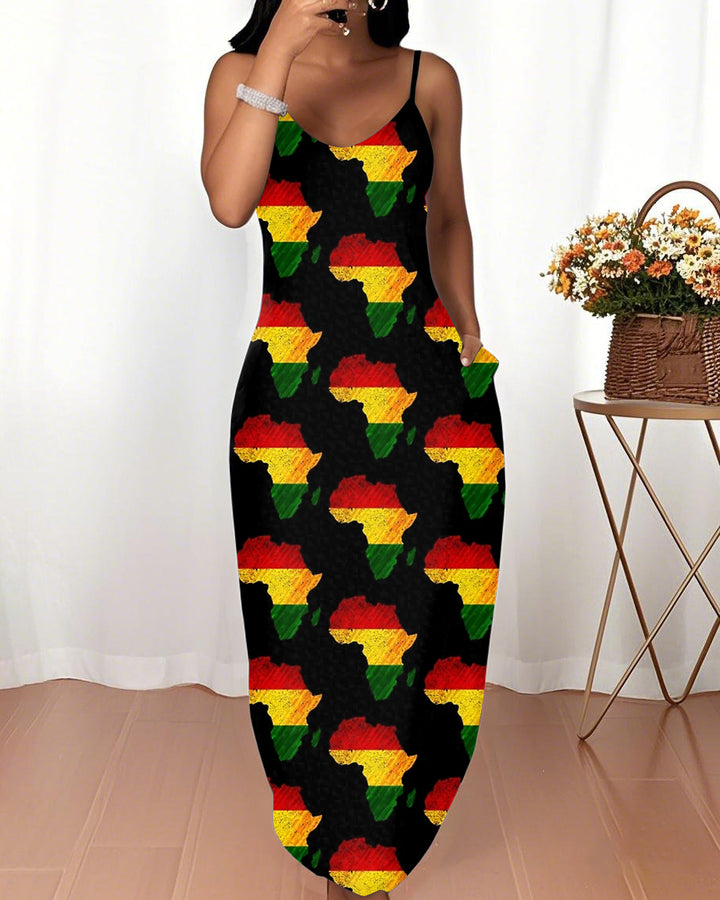 Sling Juneteenth Africa Map Pocket Maxi Dress