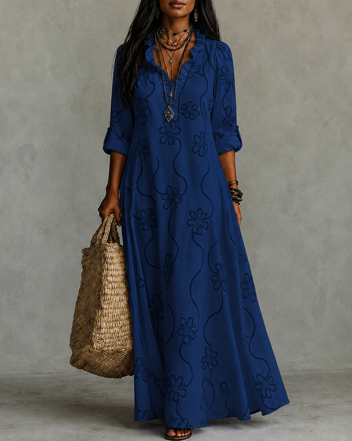 Fashionable Lace Cotton Linen Floral Print Dress