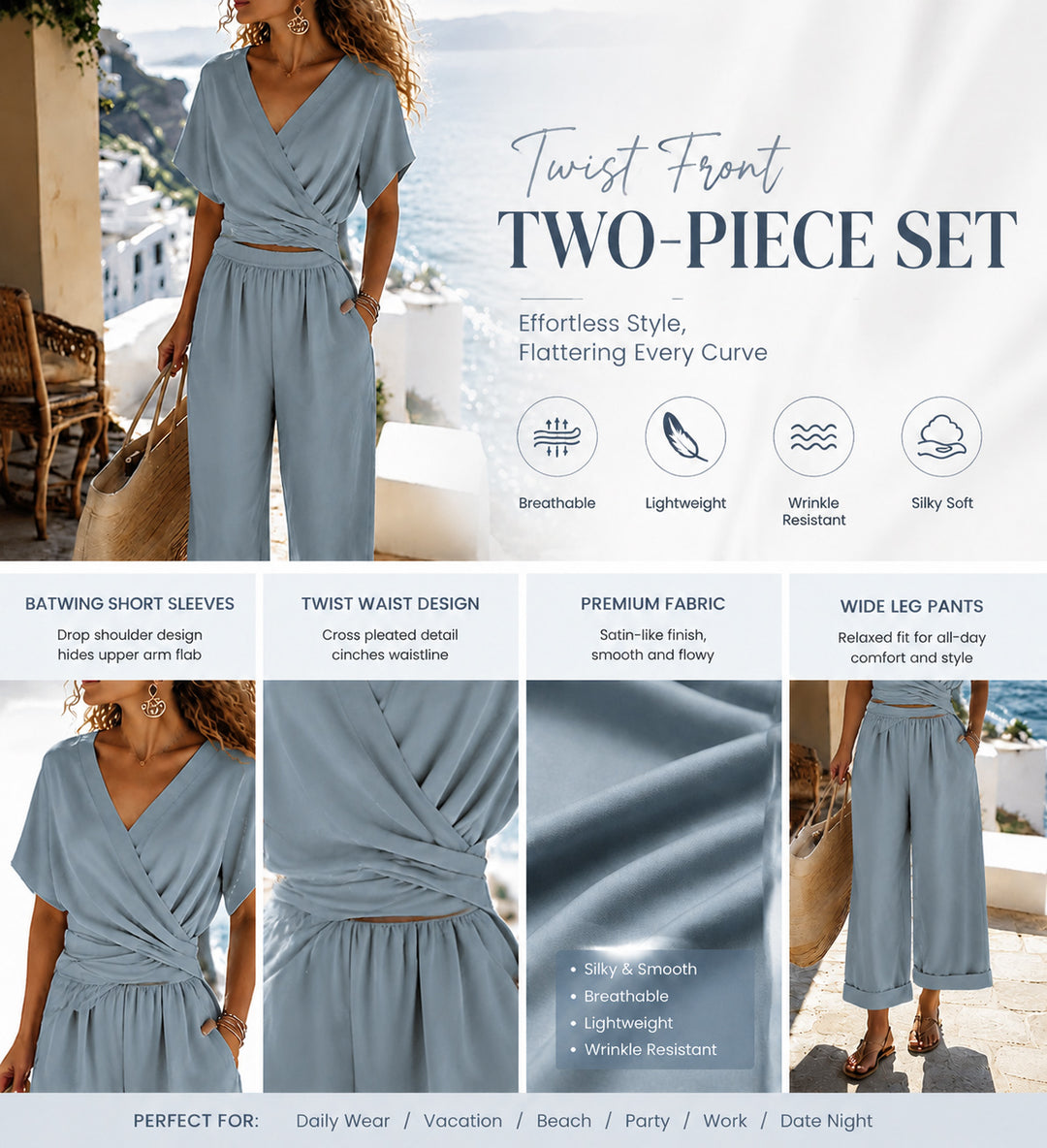 Two-Piece Set: V-Neck Ruched Top & Straight-Leg Pants