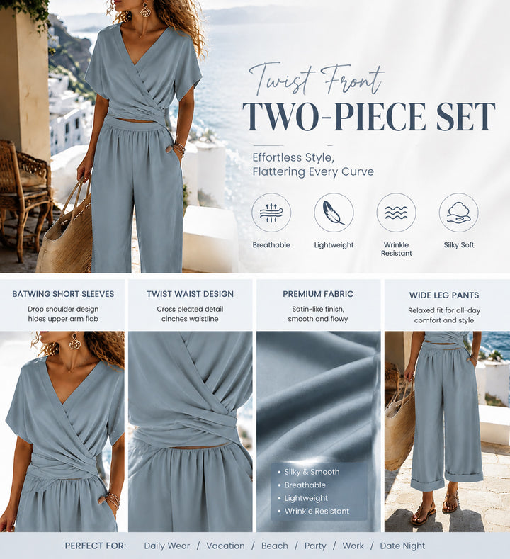 Two-Piece Set: V-Neck Ruched Top & Straight-Leg Pants