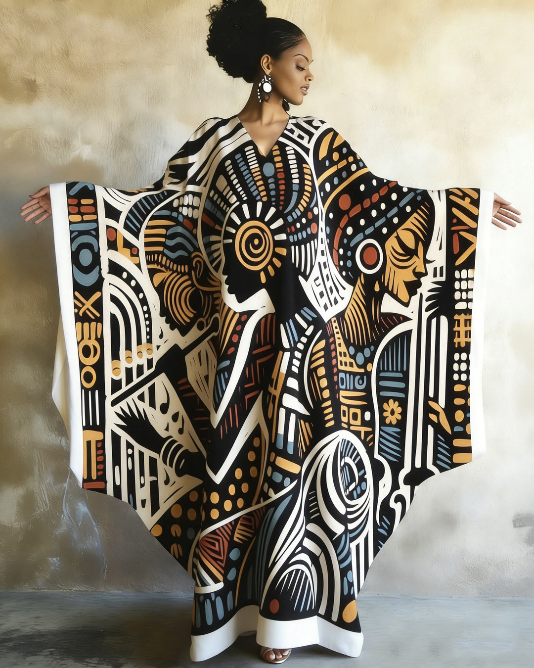 African Abstract Art Print V-neck Long Kaftan Dress