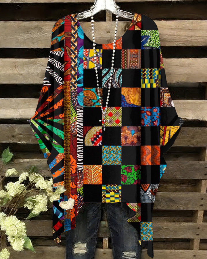 African Pattern Collage Print Round Neck Irregular Shirt