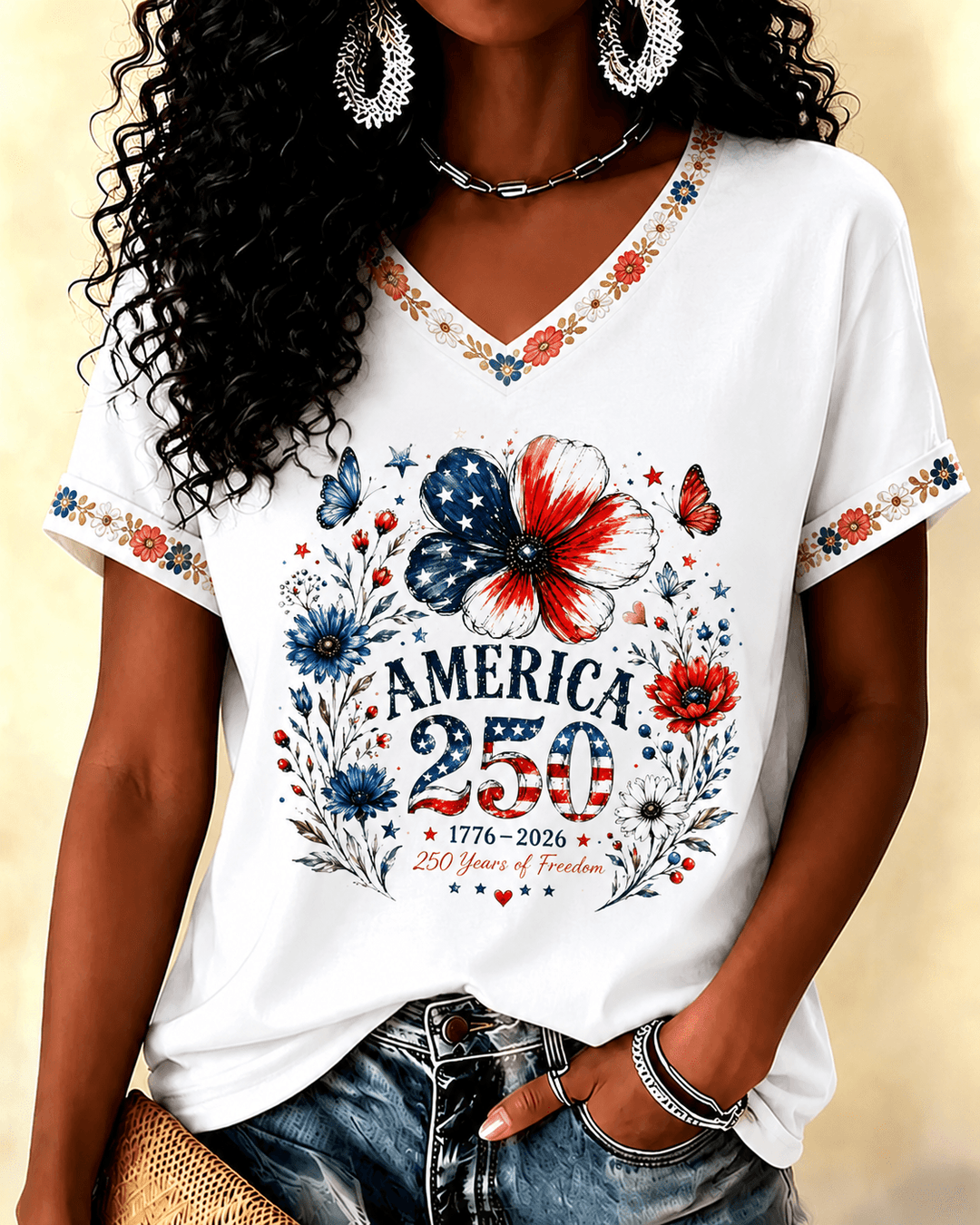 America 250 Years Flag Floral Graphic Print V-neck Short Sleeve Tshirt