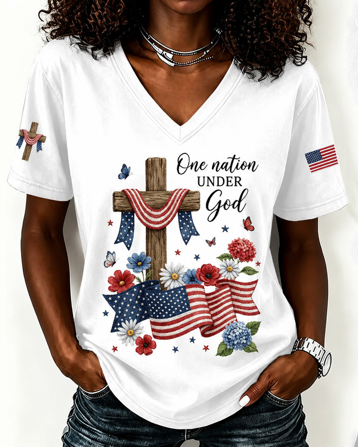 100% Cotton America 250 Years Jesus Cross V Neck Short Sleeve Tshirt