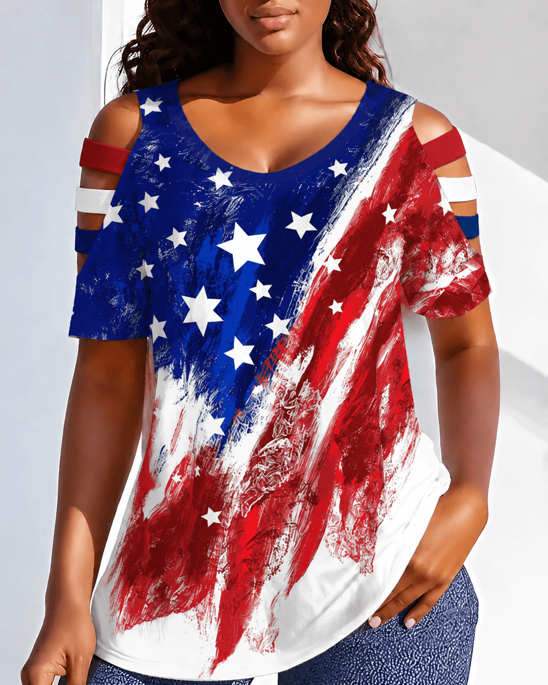 American Flag Multi Color Round Neck Hollowed-out Short Sleeve Top