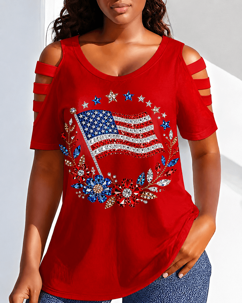 American Flag Flowers Round Neck Hollowed-out Short Sleeve Top