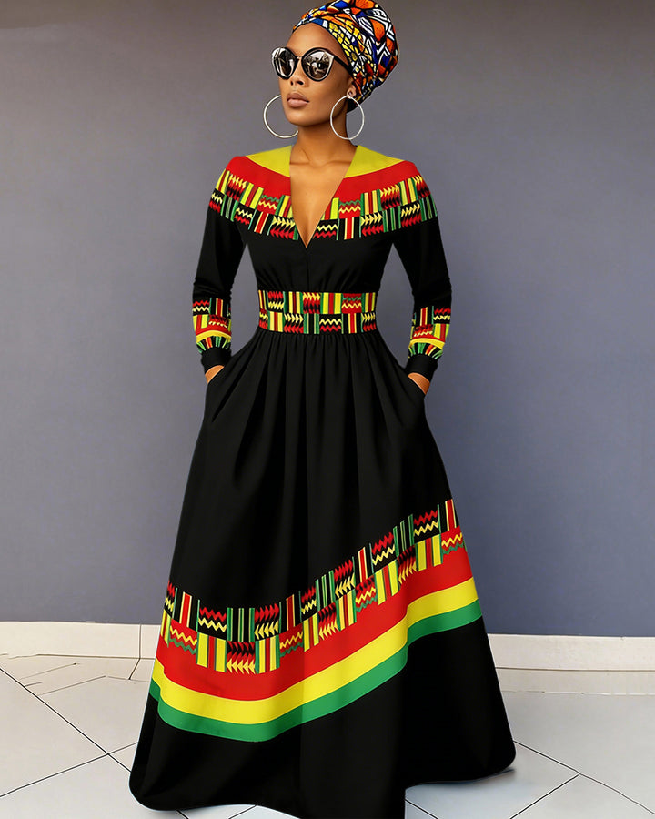 V-neck Reggae Print Pocket Long-Sleeved Maxi Dress
