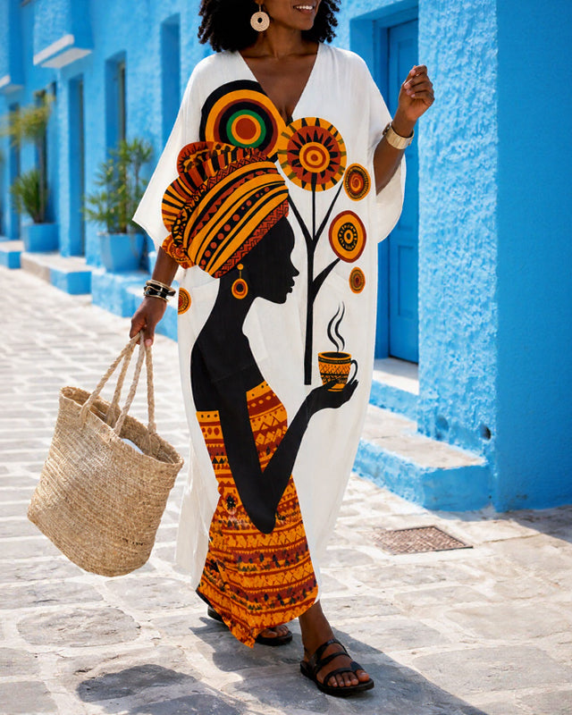 Black Woman with Flowers Print V-Neck Pocket Loose Long Dress