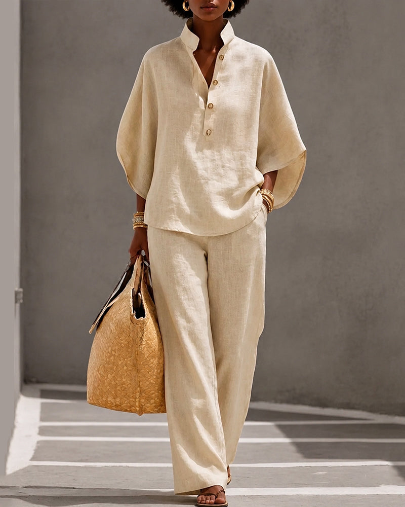 Linen Blend Solid Color Button-down Loose Top and Elastic Waist Pocket Casual Pants Set